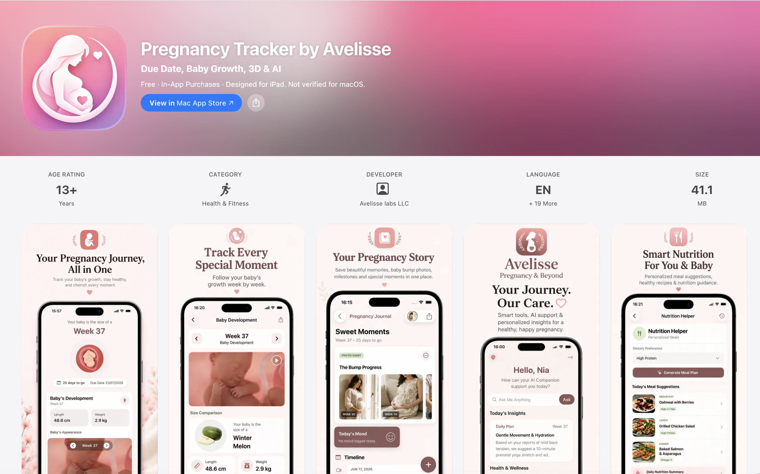 Pregnancy Tracker by Avelisse App Store listing showing the app icon, health and fitness category, age rating, and screenshots for due date, baby growth, pregnancy journal, AI assistant, and nutrition tools